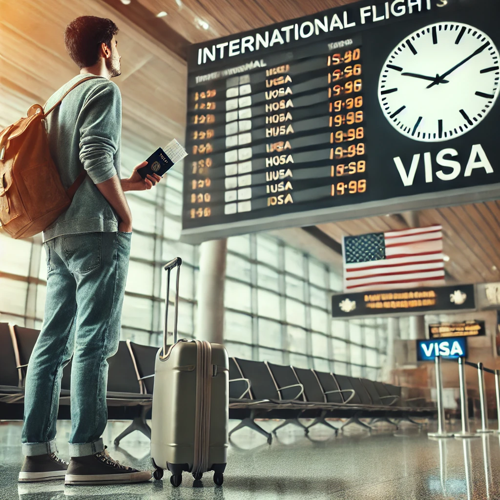 A person standing at an airport terminal holding-a-passport-and-suitcase-with-an-anxious-expression-looking at a digital clock showing time ticking.